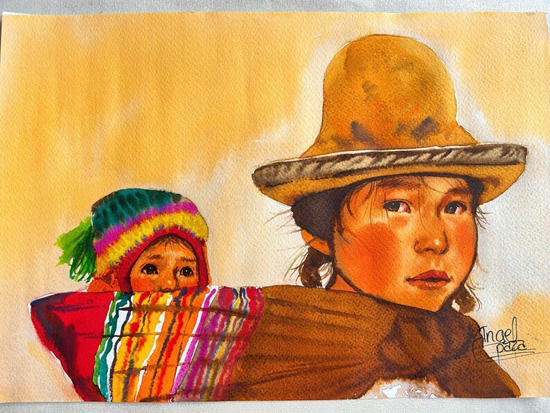 Beautiful painting of a girl taking care of her little brother