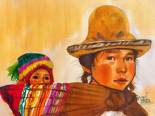 Beautiful painting of a girl taking care of her little brother
